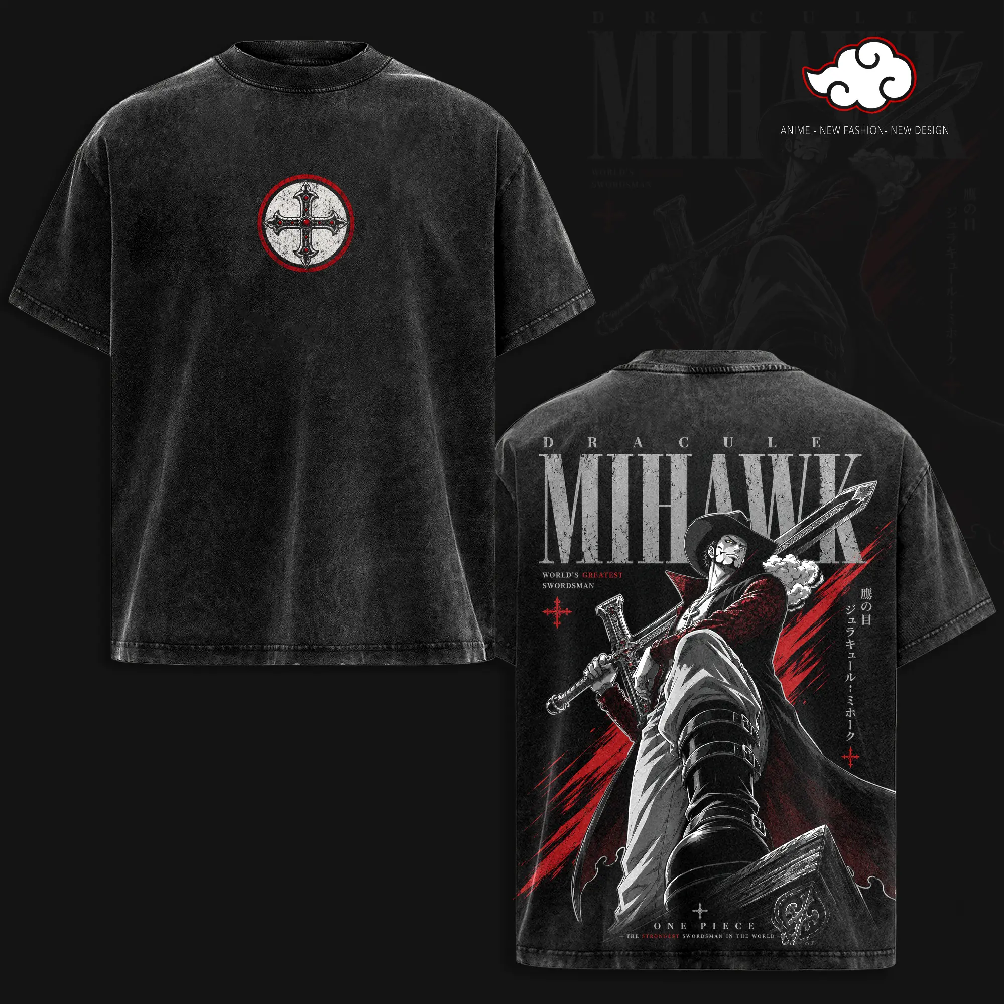 Dracule Mihawk OP Anime T-Shirt Vintage Acid Wash Oversized Graphic Tee World's Greatest Swordsman Streetwear Gift for OP Fans