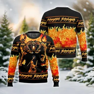 Fire Monster Fantasy Jumper, Ugly Christmas Sweater, Wizard Battle Pullover, Black Orange Knitwear, Unisex Holiday Sweater, Epic Xmas Shirt IOAV37