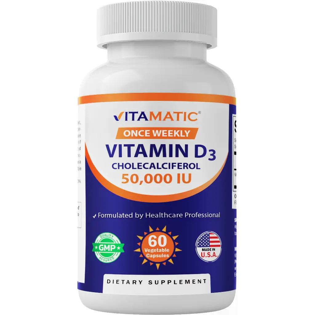 Vitamatic Vitamin D3 50,000 IU (as Cholecalciferol), Once Weekly Dose, 1250 mcg, 60 Veggie Capsules 1 Year Supply, Progressive Formula Helping Vitamin