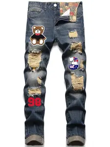 Men Cotton Hand Print Ripped Jeans