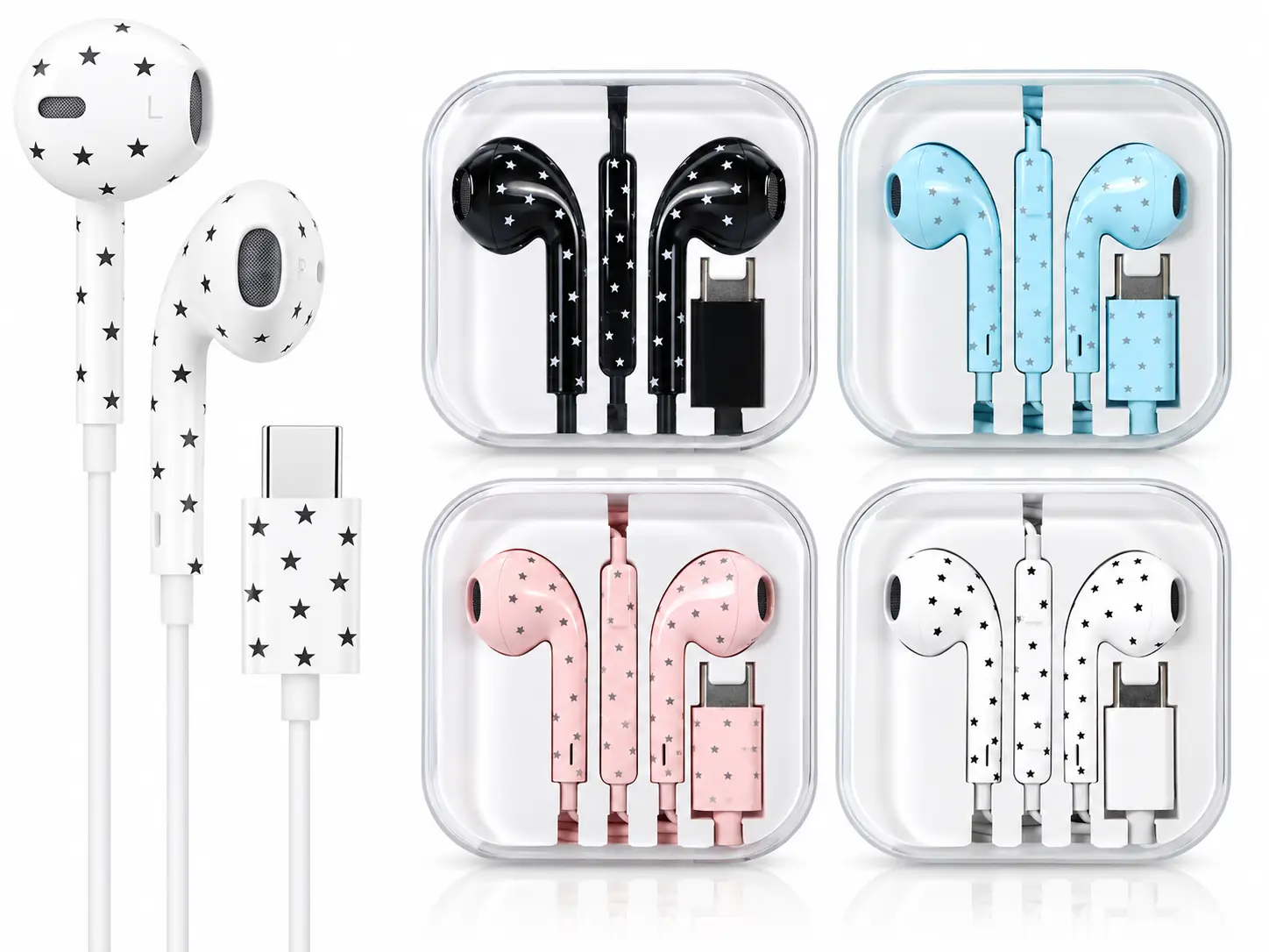 Cute Star Print USB-C Wired Earbuds, Type-C In-Ear Headphones, Portable Corded Earphones for Phone, Tablet & Everyday Use