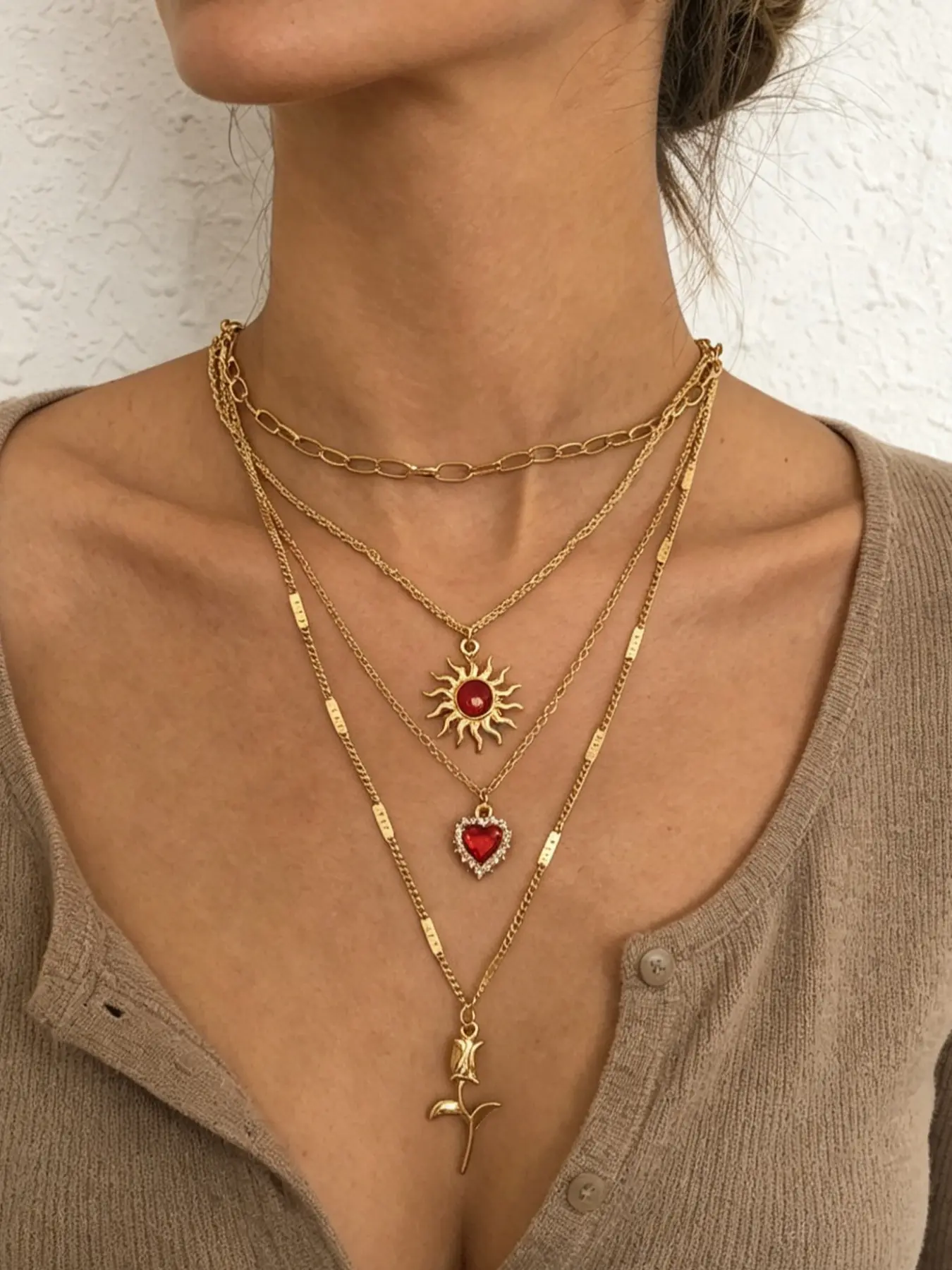 Vintage Layered Sun Heart Rose Necklace Set for Women, Gold/silver Color Multi-Layer Pendant Necklaces, Bohemian Style Jewelry, Dainty Layering Jewelry, Birthday Gift Jewelry, Boho Style Jewelry