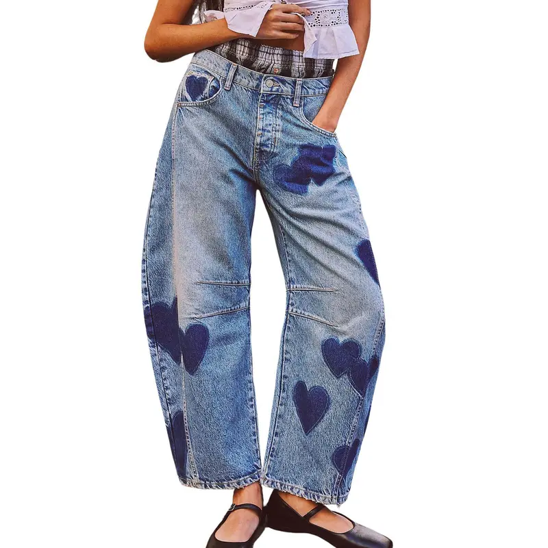 Chouyatou women's casual printed horseshoe jeans Y2k loose mid-rise versatile jeans