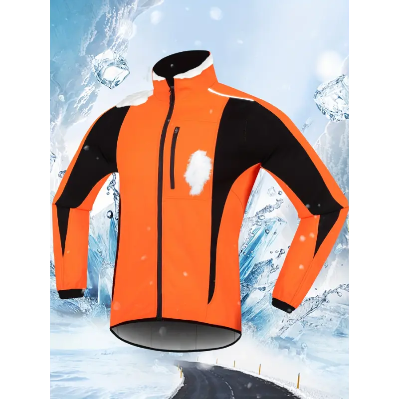 [Thermal Cycling Jacket] Windproof Thermal Unisex Cycling Jacket - Reflective Sports Coat with Mandarin Collar, Zippered Solid Color Polyester Outerwear - 97% Polyester, 2% Spandex, 1% Polyurethane