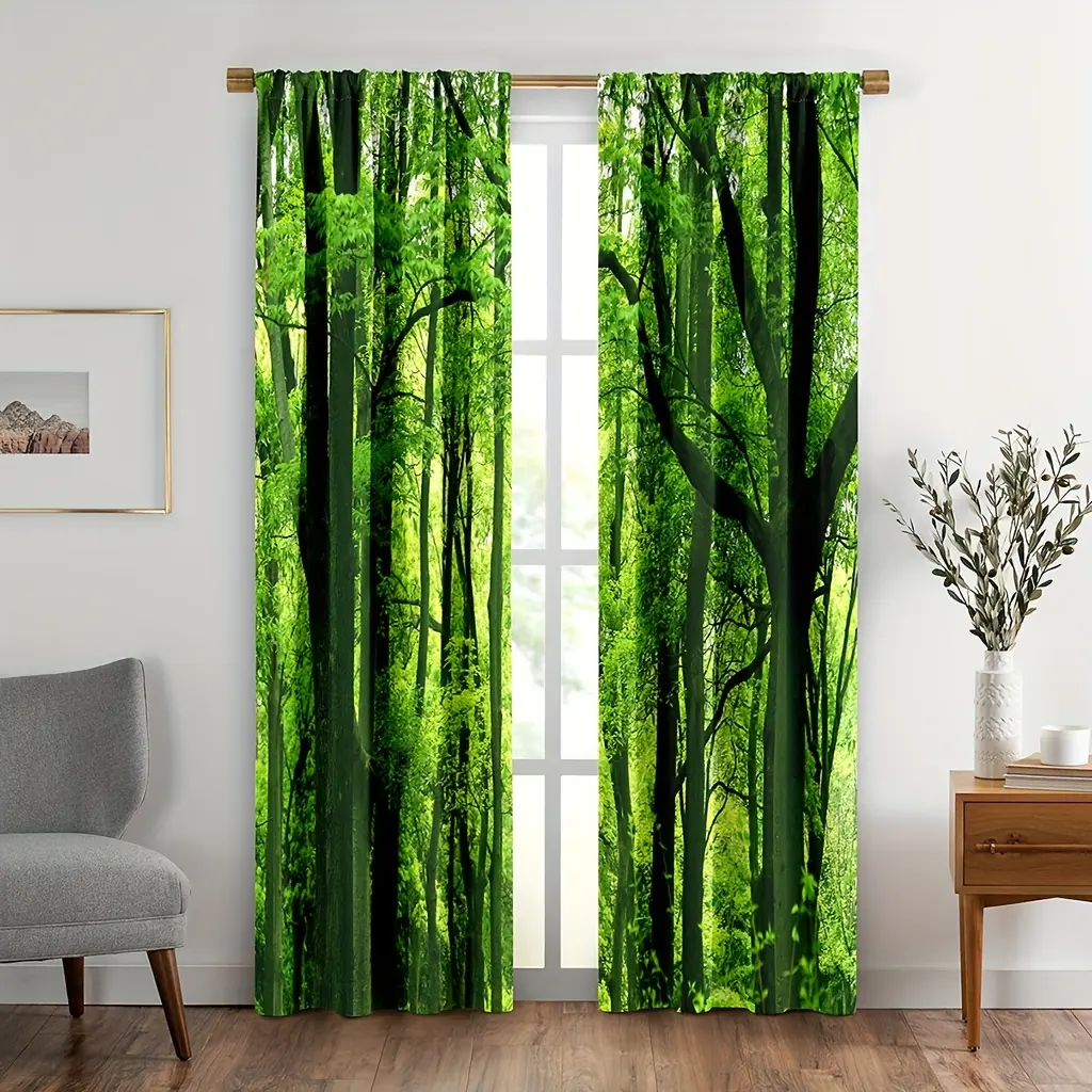 2pcs Rod Pocket Window Drapes - Forest Green Trees & Jungle Branches Nature Scenery Decor, Window Hanging for Bedroom & Living Room