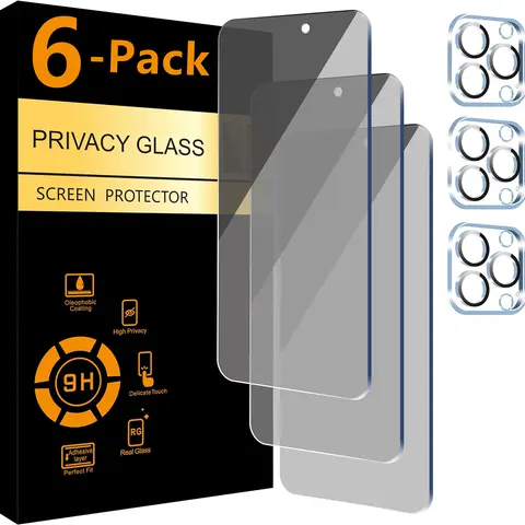 3Pcs Privacy Screen Protectors +3Pcs Camera Lens Protectors for iPhone Duo 18 Pro Max 18 17 16 15 14 13 12 11, 9H Anti Spy Tempered Glass Film Protection Flash