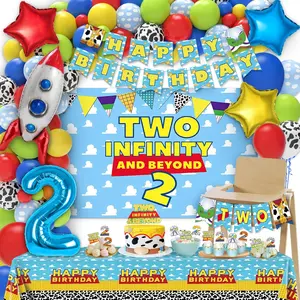 Two Infinity and Beyond Birthday Decorations Include Happy Birthday Banner Balloons Backdrop Film Balloon Cake Topper Tablecloth, 105 Pcs Toy Inspired Story 2nd Birthday Party Supplies