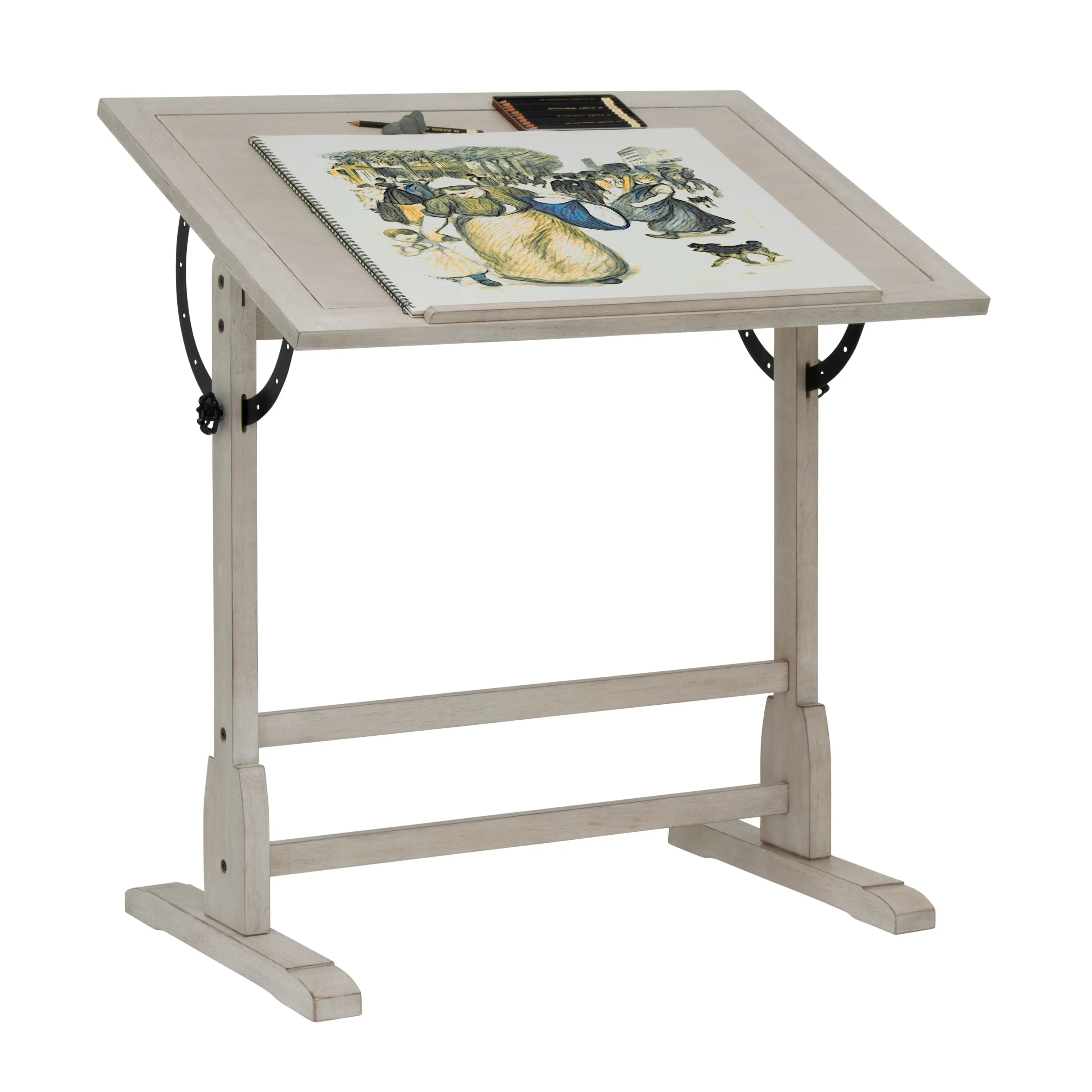 Vintage Solid Wood Drawing/Drafting Table with 36" x 24" Angle Adjustable Top, Coastal Whitewash 13347