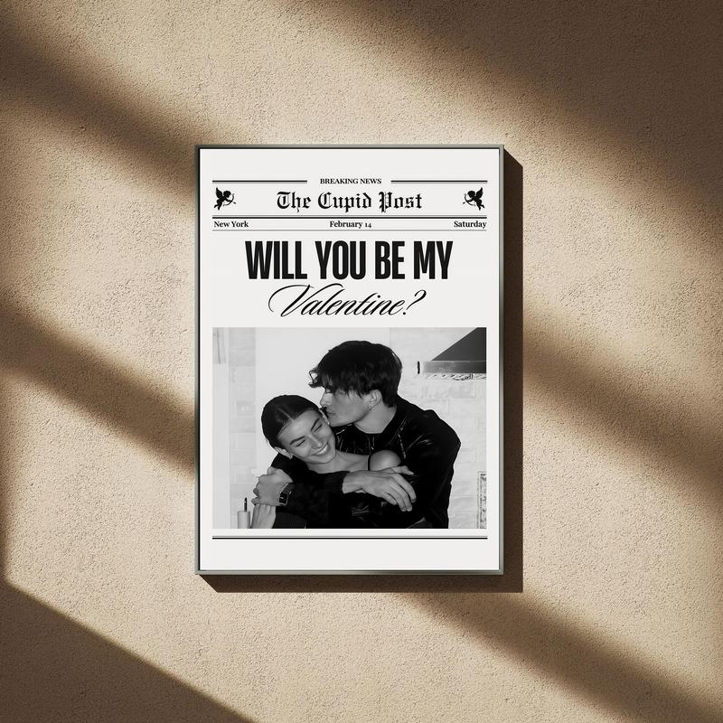 CUSTOM Valentines Day Newspaper Poster, Will You Be My Valentine Art Print, Gift For Lover, Couple Room Decor