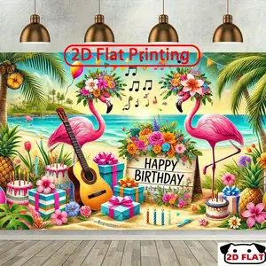 2D Flat Banner 1pc, Vibrant Tropical Birthday Party Backdrop Banner,   - Colorful Beach Scene Flamingos, Palm Trees & Festive Decorations, Wall Hanging Home, Office & Outdoor Celebrations, No Electricity Requir