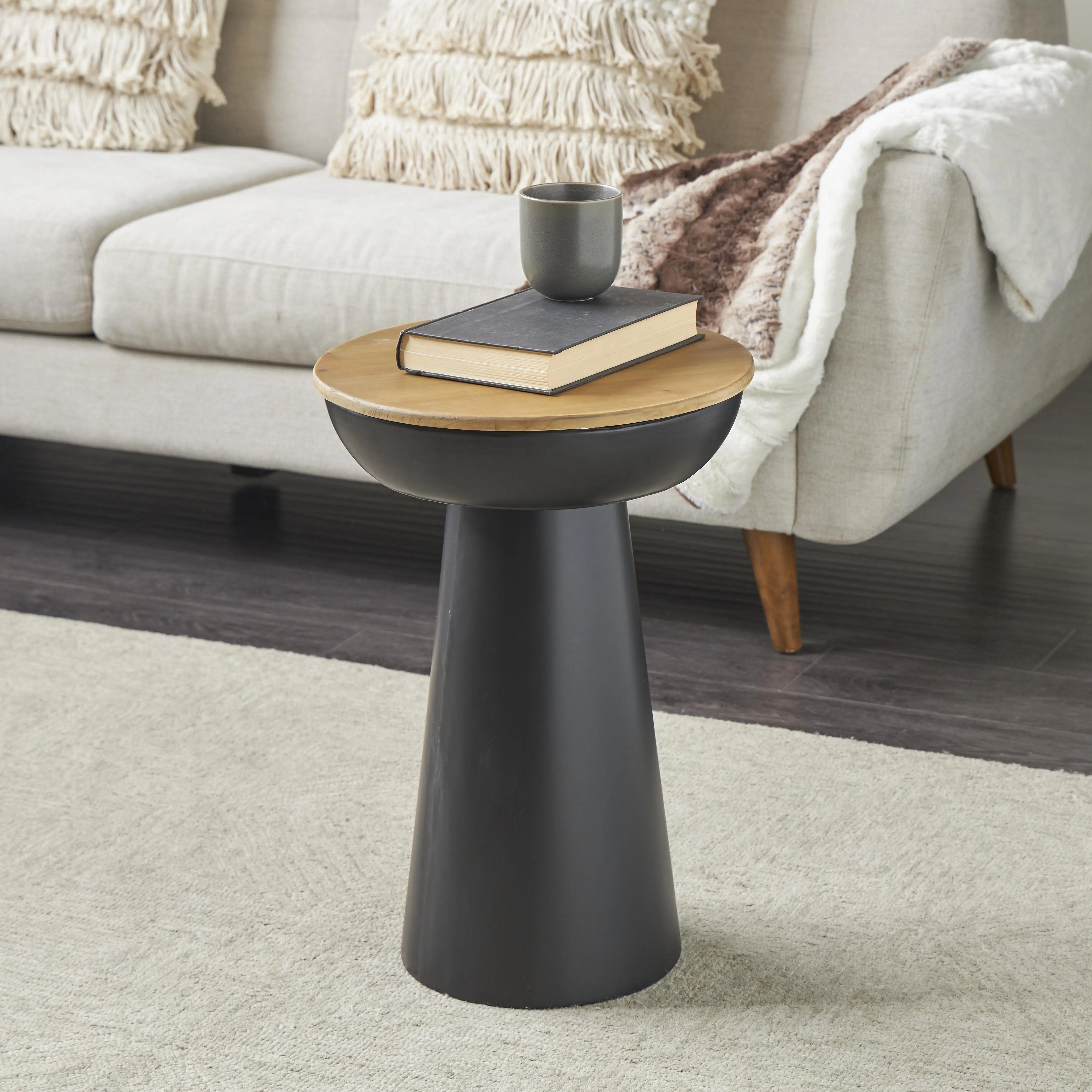 15x15x21" Handmade Indoor Accent End Table, 1 Unit, Black Metal Base, Brown Wood Tabletop (Furniture, Tables & Desks), One Unit
