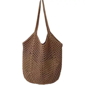 Slouchy Woven Tote Bag, Trendy Crochet Shoulder Bag, Roomy Macrame Handbag for Beach, Pool & Daily Trave