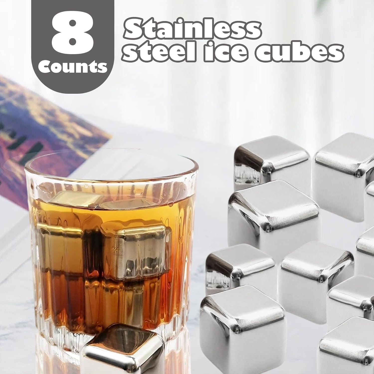 12 Pack Reusable Whiskey Stones 304 Stainless Steel Ice Cubes for Drinks Chill Without Diluting Whiskey Scotch Bourbon Gifts Drinkware 2.7 cm