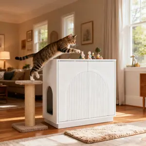 Cat litter box enclosure, wooden pet house side table, Litter box fence are suitable for most cats , keeping your living room tidy and providing your cat with a safe and private space.