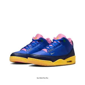 Racer Blue Leather Mid-Top Sneakers with Pink, Yellow, Green Color Blocking and Yellow Elephant Print