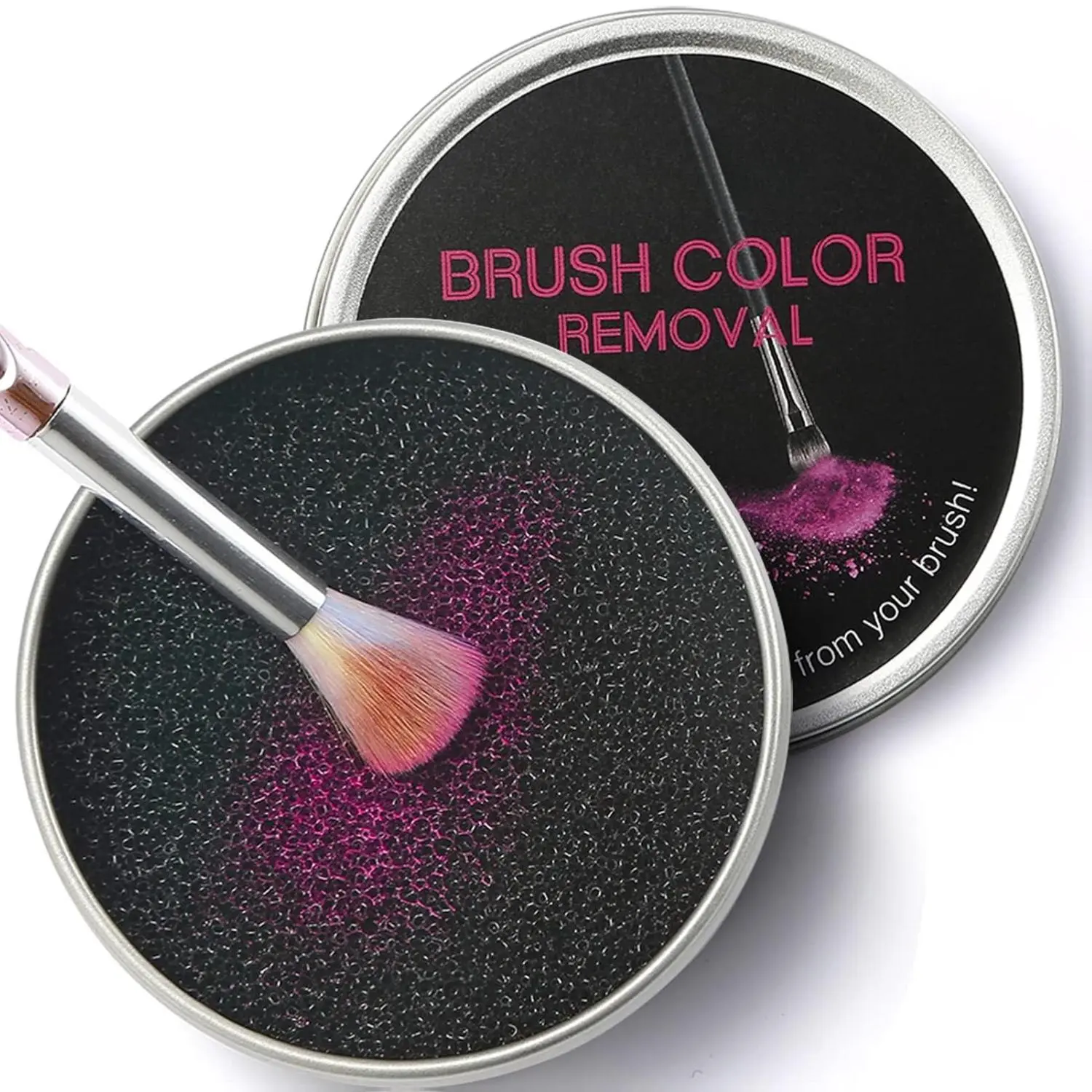 2-Pack Durable Carbon Magic Sponge Makeup Brush Cleaner Tool, Eyeshadow Brush Color Remover, No Water/Chemicals Needed, Reusable, Washable, Compact Metal Tin, US Lightweight Powder