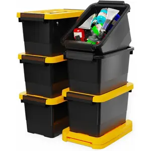 Plastic Storage Bins with Lids and Latch, 6-Pack Small Stackable Plastic Organizing Box with Buckle and Handle, 3.5 Quart Durable Nestable Totes Containers (Black/Yellow)