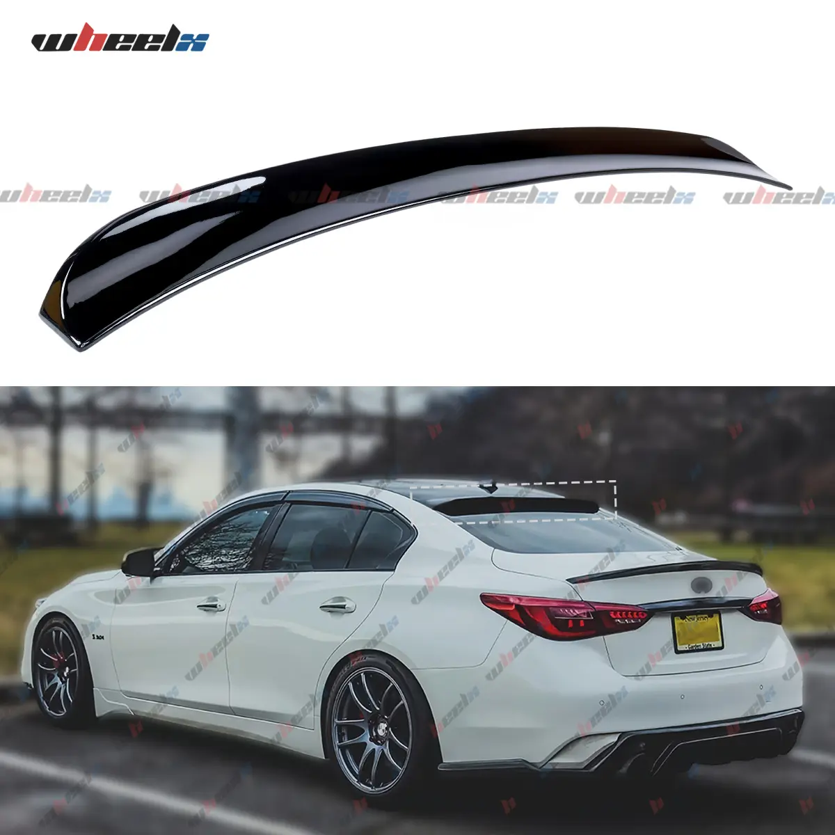 2014-2024 Infiniti Q50 Q50S – Rear Roof Spoiler & Rear Window Spoiler Body Kit| Gloss Black / Carbon Fiber Look| All Trims