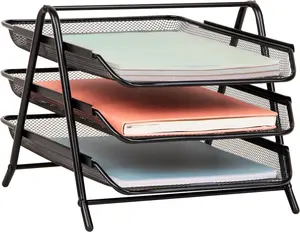 3-Tier Desktop File Tray Organizer Metal Mesh Office Paper Storage Black