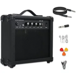 Electric Guitar Amplifier 20w Guitar Amp Starter Beginner Practice Small Portable Travel Headphone Aux Distortion  Treble Bass Volume Noiseless  Adapter Pick Aux  Earphone (BK)