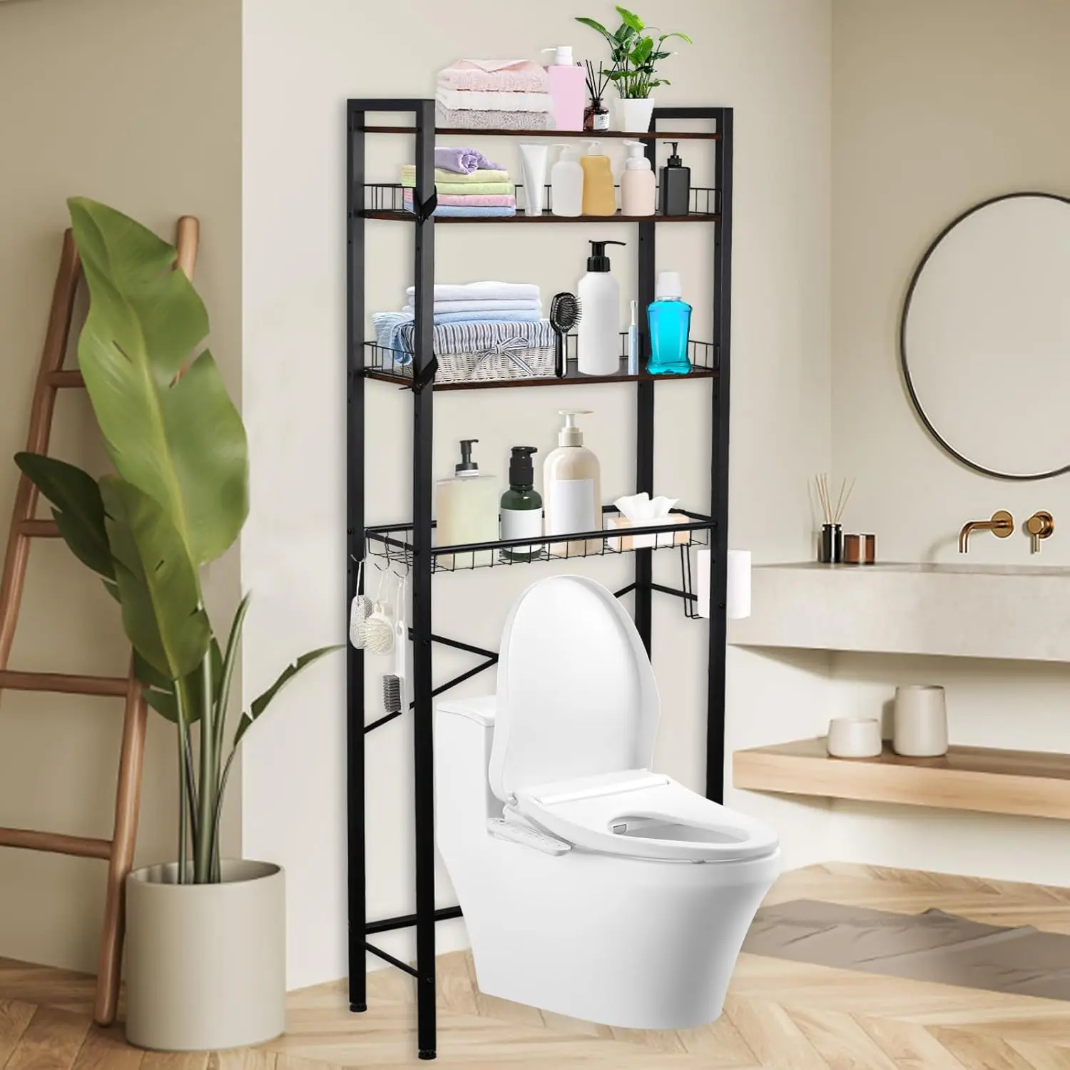 Over-The-Toilet Storage Rack 4-Tier Bathroom Space Saver Over-The-Toilet Shelf Freestanding Over-Toilet Organizer with Adjustable Shelf Above Toilet Organizer Rack with Hooks for Restroom, Laundry