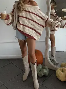 Women's Striped Round Neck Loose Knit Sweater, Casual Fall Winter Colorblock Pullover, Halloween Fashion Design, Elegant Women's Clothing, Knitwear