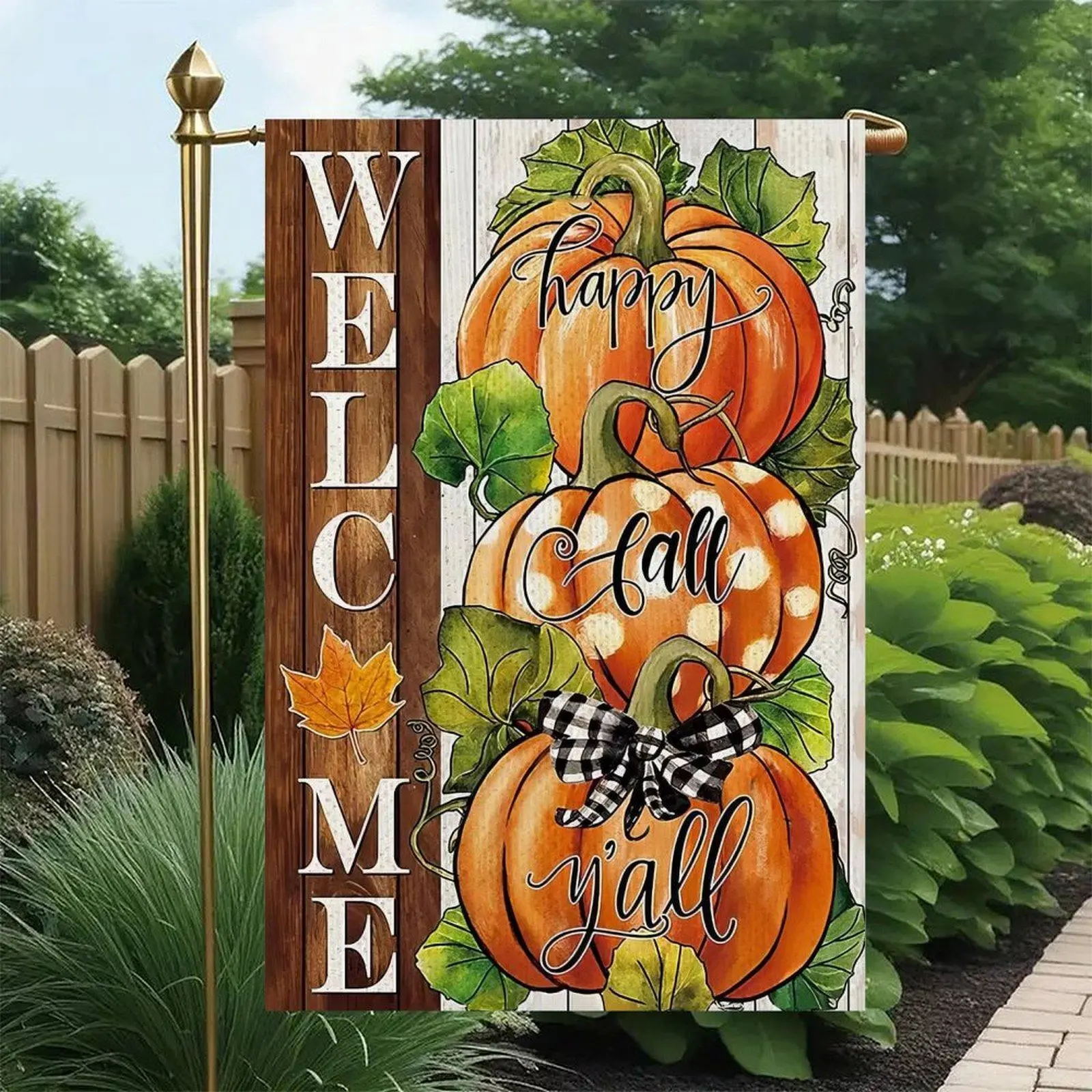 Welcome Happy Fall Y’all Polka Dot Pumpkins Buffalo Plaid Bow Rustic Wood Autumn Farmhouse Garden Flag Double-Sided 12x18in, Country Fall Pumpkin Patio Banner