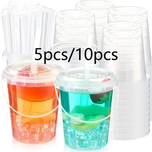 5Pcs/10pcs Disposable Iced Coffee Mug with Lid and Straw Rum Barrel, Reusable Beverage Barrel, For Cocktail Smoothie Mug Bulk, With Handle, For Beach Pool Party Supplies, Reusable Plastic Cups