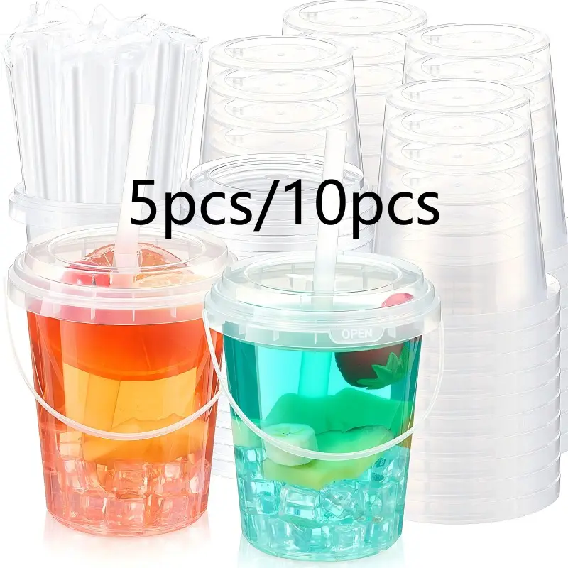 5Pcs/10pcs Disposable Iced Coffee Mug with Lid and Straw Rum Barrel, Reusable Beverage Barrel, For Cocktail Smoothie Mug Bulk, With Handle, For Beach Pool Party Supplies, Reusable Liquor Cups, Reusable Plastic Cups, Cold Drink Cups, Drinkware Cups