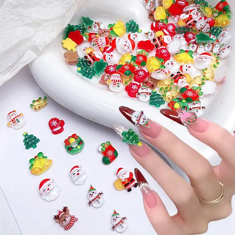 30/50pcs 3D Christmas Tree Reindeer Santa Claus Nail Rhinestones Resin Flatback Snowman Bell Xmas Nail Charms Winter Nail Decora