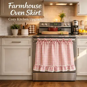 Blue Checkered Oven Skirt and Kitchen Curtains Set - Farmhouse Cotton Blend Hood with Lace Trim and 8 Ribbon Ties, Dishwasher Safe Gingham Plaid Stove Cover Valance, Country Rustic Kitchen Window Decor