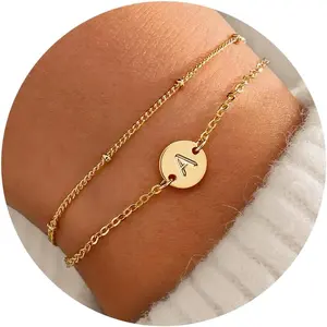 Gold Initial Bracelets for Women Trendy - Dainty 18K Gold Plated Layered Beaded Letter Initial Bracelet Personalized Disc Monogram Bracelet Gold Bracelets for Women Jewelry Gifts Trendy Stuff