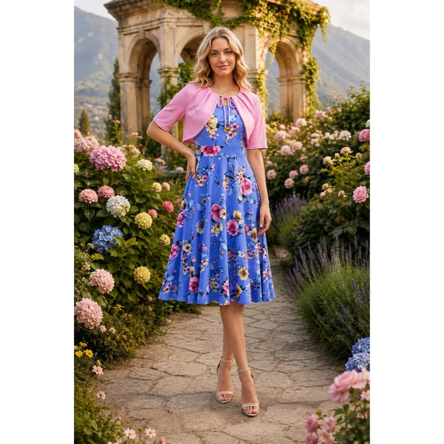 Celeste Floral Dress in Blue with Pink Cape - Sizes S M XL - Perfect for Any Occasion