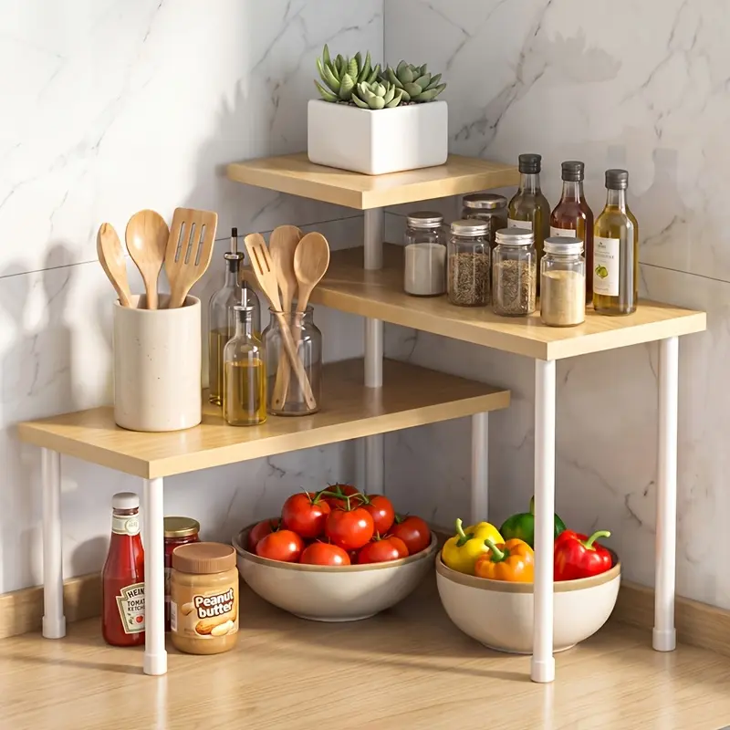 3-Tier Corner Countertop Organizer, Adjustable Wooden Step Shelf, Multi Purpose Kitchen Coffee Station Storage Rack, Bathroom Cosmetic Display Stand for Counter Space Saving