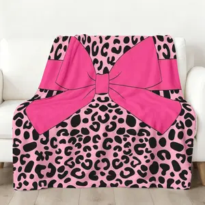 Pink Leopard Bow Throw Blanket, Hot Pink Cheetah Flannel Blanket, Soft Cozy Warm Throw, Girly Edgy Design, Trendy Gift for Her Girlfriend, Aesthetic Bedroom Living Room Couch Decor