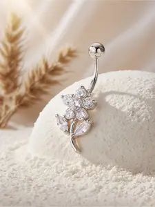 Women's Artificial Zircon Belly Button Ring, Flower Design Body Jewelry, Elegant Navel Piercing Accessory for Women, Body Piercings, Fake Belly Rings