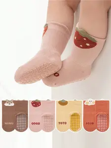 4 Pairs Baby Floor Socks Cartoon Fruit Animal Design, Soft Sole Non-Slip Indoor Shoes for Boys & Girls, Perfect for Daily Use, Elastic Socks