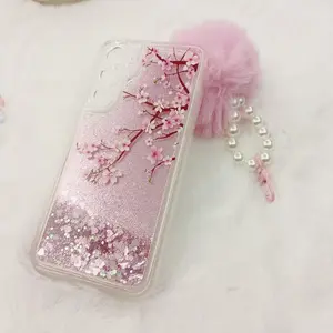 Glitter Cherry Blossom Pattern Phone Case with Pom Pom Lanyard, Decorative Phone Protector Cover, Protection, Phone Accessories Compatible with Samsung Galaxy A14 A15 A24 A34 A35 A52 A53 A54 A55 S22 S23 S24 Pro Max Ultra Fe, Casing, Cellphone, Smartphone