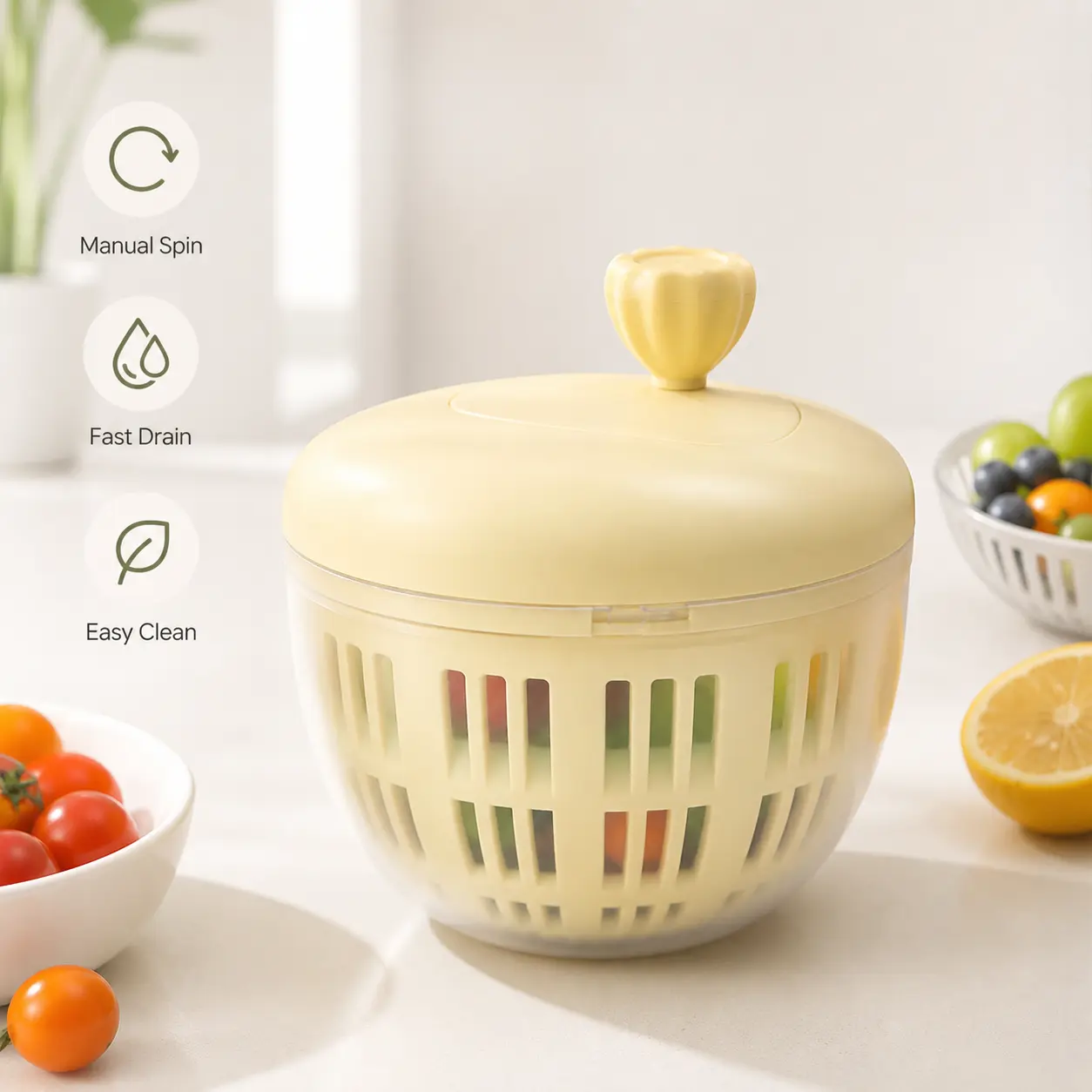 1-Count Hand Crank Fruit & Vegetable Dehydrator with Detachable Colander Strainer Basket Bowl - Kitchen Utensils for Fruit Washing, Draining and Food Storage