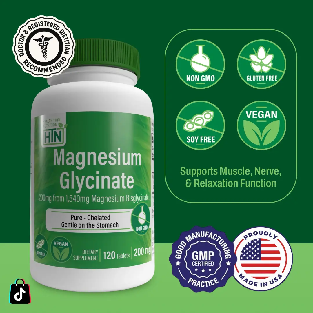 Health Thru Nutrition Magnesium Glycinate 200mg 120 Tablets Pure Chelated Gentle on the Stomach Vegan Supplement