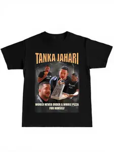 Tanka Jahari Pizza Meme Print Tee, Casual Fitted Long Sleeve Top, Humorous Youth Fashion, Perfect for Brother Gatherings