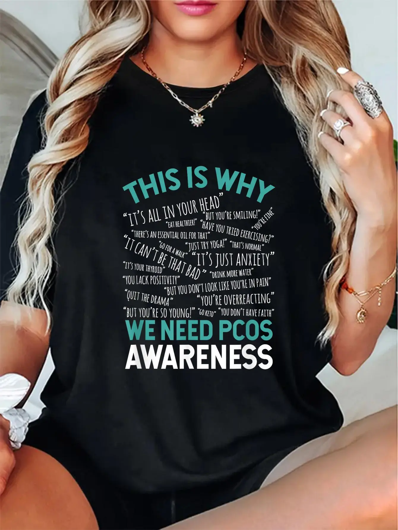 Women's Shortsleeve Top with PCOS Awareness Graphic Print, Round Neck Tee Style in 100% Breathable Cotton, Casual, Cute, Fabric, Tshirt, Relaxed Fit, Vibe, Digital Print, Check Size Chart, All Seasons, High Def Print