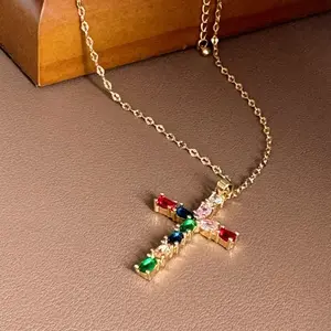 Gold-Tone Wave Chain Pendant | Multi-Color CZ Fashion Necklace Dainty Women‘s Gift Trendy Jewelry