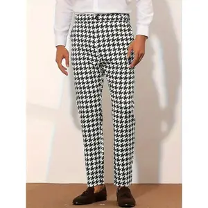 Men's Houndstooth Dress Pants - Slim Fit, Stretch Fabric, Button Detail, Machine Washable, Versatile for Casual and Semi-Formal Occasions, Semiformal Trousers |   Modern Tailored Look |   Polyester Blend