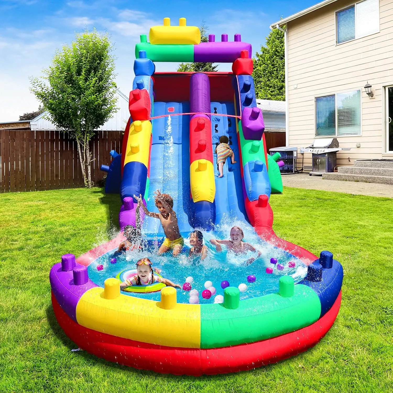 Inflatable Water Slide with Splash Pool & Spray Feature – Durable, Easy Setup, Fast Drainage, Summer Outdoor Water Park Fun (with Blower)