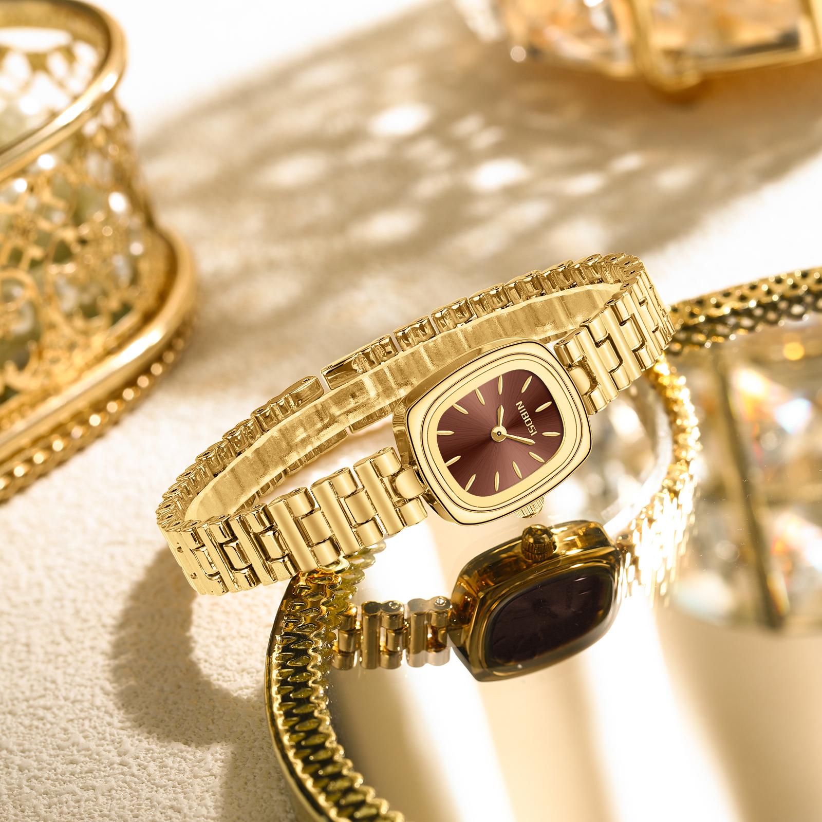 NIBOSI Vintage Bracelet Watches for Women Roman Dial Rectangular Case Gold Watch Waterproof with Tools