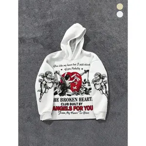 UnisexHoodedSweatshirt,GothicStylePulloverwithAngelCupidLetterPrint,CasualLongSleeveStreetwear,PolyesterFabric