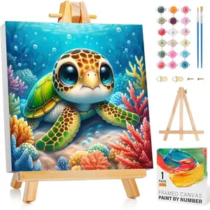Paint by Numbers Kit for Kids with Frame & Wooden Easel, Sea Turtle Easy DIY Animal Acrylic Oil Painting for Ages 8-12, Ideal Gift for Home Wall Decor (8x8 inch)