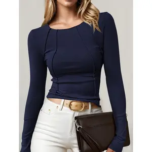 Women’s Slim Fit Crew Neck Knit Sweater – Stylish Exposed Seams, Long Sleeve, Ribbed Texture, Solid Coral Color for Autumn & Winter, Fall Fashion Top | Trendy Knitwear | Seamless Design