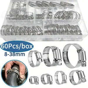 Stainless Steel Hose Clamp Set, 60 Pieces Adjustable 1/4 Inch - 1-1/2 Inch（6-38mm）, Worm Gear Metal Fuel Clamps for Water Hose, Pipes, Cars, Machinery